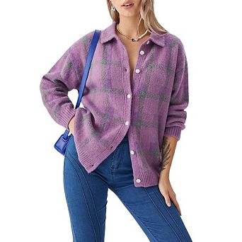 Women Button-Front Knit Cardigan Plaid Polo Collar Long Sleeve Sweater