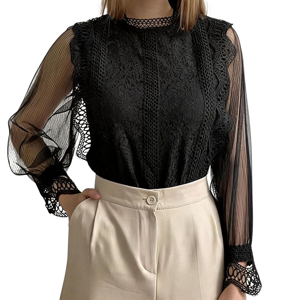 Women Mock Neck Lace Blouse Long Sleeve Mesh Puff Cuff Elegant Evening Top