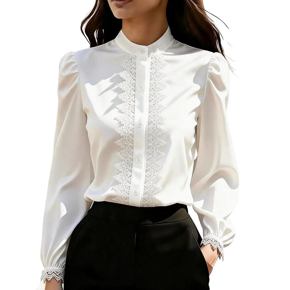 Women Mandarin Collar Lace Blouse Long Sleeve Puff Shoulder Button ...