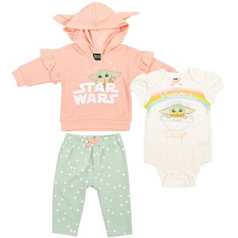 Star Wars The Mandalorian Grogu 3 pc Fleece Hoodie Bodysuit and Pants Set