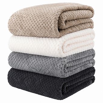 4 Pack Flannel Fleece Throw Blankets Waffle Textured Soft Warm Lightweight Decorative