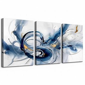 Abstract 3 pc Wall Art Canvas Minimalist Blue Ink Paintings for Living Room Bedroom Office Modern