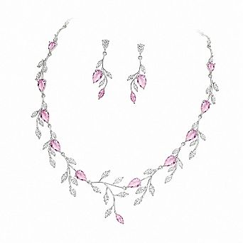 Wedding Bridesmaid Cubic Zirconia Leaf Necklace Earrings Set Prom