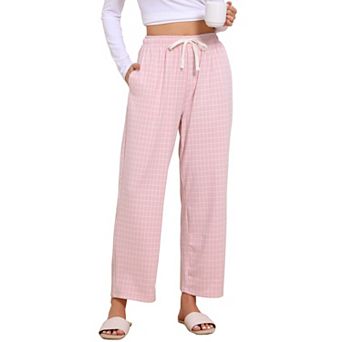 Women's Light Pink Plaid Wide Leg Pajama Pants for Comfortable Loungewear