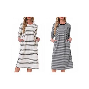 2 Packs Womens Nightgown Cotton Stripe Long Sleeve Built in Bra Pattern Round Neck Midi Nightdress