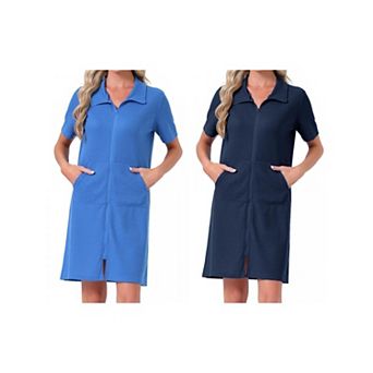2 Packs Women's Zipper Robes Waffle Short Sleeves Knee Length Coat Sleepwear Bathrobe with Pockets