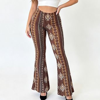 Women High Waist Printed Bootcut Pants Stretchy Soft Knit Pull On Casual Fashion Trousers