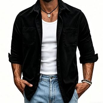 Men's Casual Long-Sleeved Corduroy Collared Shirt