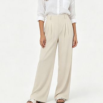 Women High Waist Pleated Wide Leg Pants 100 Percent Cotton Loose Fit Casual Trousers With Pockets