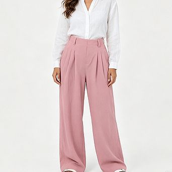 Women High Waist Pleated Wide Leg Pants 100 Percent Cotton Loose Fit Casual Trousers With Pockets