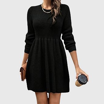 Womens Long Sleeve Sweater Dresses Crew Neck a Line Ribbed Knit Fall Winter Mini Dress