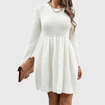 Womens Long Sleeve Sweater Dresses Crew Neck a Line Ribbed Knit Fall Winter Mini Dress