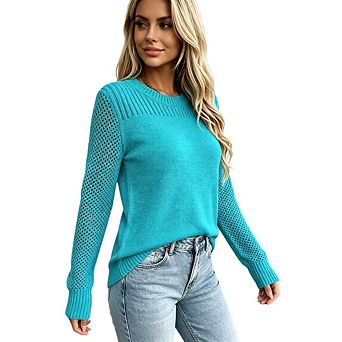 Women's Casual Crew Neck Knit Pullover Tops Loose Hollow Out Mesh Crochet Long Sleeve Sweaters