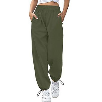 Women Elastic Waist Jogger Pants Drawstring Ankle Cuffs Side Pockets Loose Casual Sports Trousers