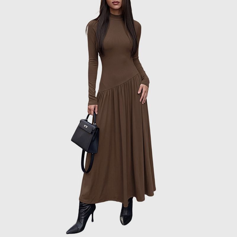 a line dress fall Womens Maxi Casual Mock Turtleneck Long Sleeve Stretch Flowy Long Dress Color:Sand/Ivory/Light Gold Size range XS Full jewel Dreamy Fit-and-Flare Gown With