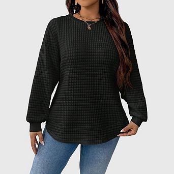 Womens Plus Size Waffle Knit Tunic Tops Casual Fall Long Sleeve Crewneck Loose Shirts Curved Hem