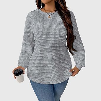 Womens Plus Size Waffle Knit Tunic Tops Casual Fall Long Sleeve Crewneck Loose Shirts Curved Hem