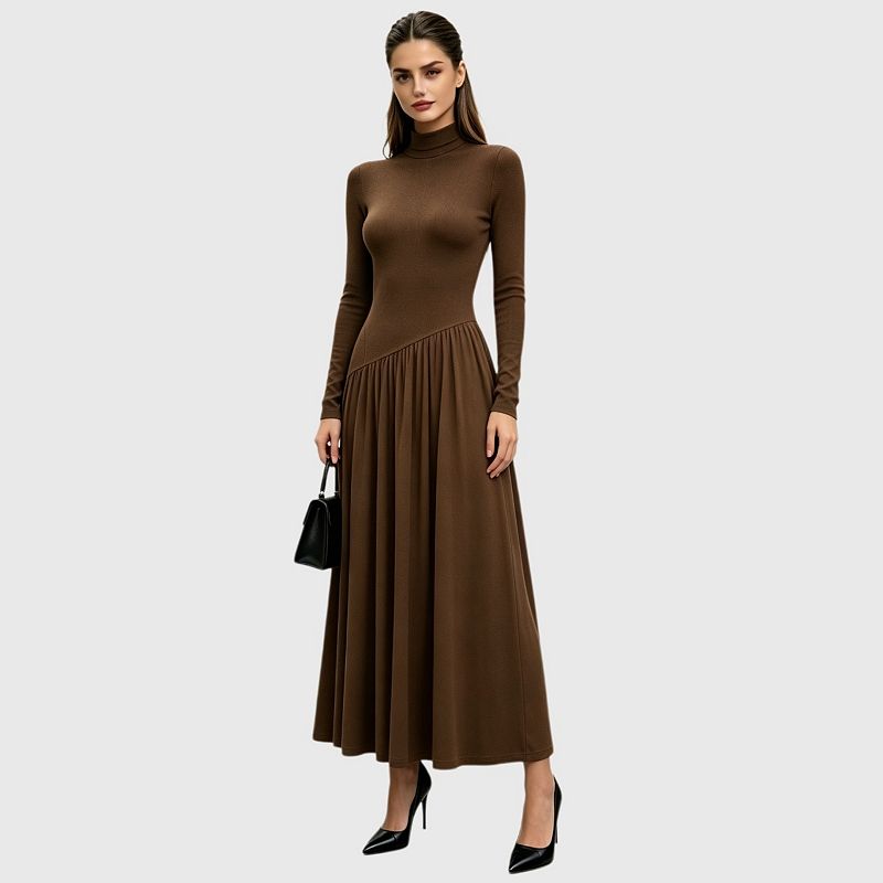 long casual fall dresses Womens Sleeve Maxi Dress Stretch Mock Turtleneck a Line Flowy Long Dress Dance Performance Color:warm taupe Print_Tartan 11 of the best