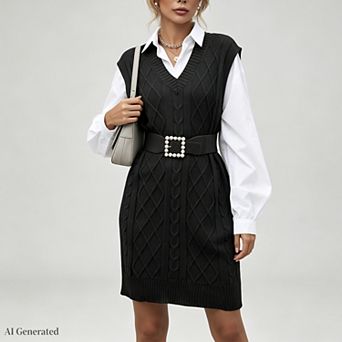 Women Oversized V Neck Sleeveless Sweater Vest Cable Knit Sweater