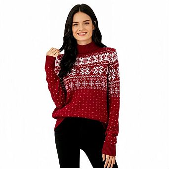 Women's Turtleneck Christmas Sweater, Long Sleeve Snowflake Fair Isle Knit Pullover Casual Winter