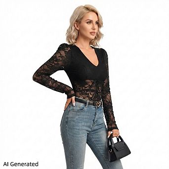 Women's Deep V‑Neck Lace Mesh Bodysuit, Long Sleeve Sheer Going‑Out Blouse Top
