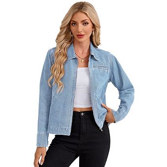 Women's Zipper Cropped Denim Jacket, Long Sleeve Casual Jean Coat With Pockets