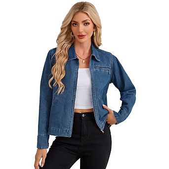 Women's Zipper Cropped Denim Jacket, Long Sleeve Casual Jean Coat With Pockets