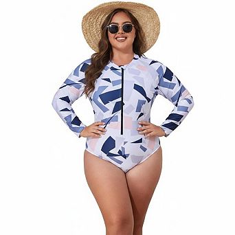 Plus Size Women One‑Piece Long Sleeve Swimsuit Zip Front Printed Rash Guard