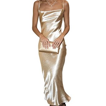 Women's Silky Satin Long Cowl Neck Slip Backless Elegant Tie Formal Maxi Dress