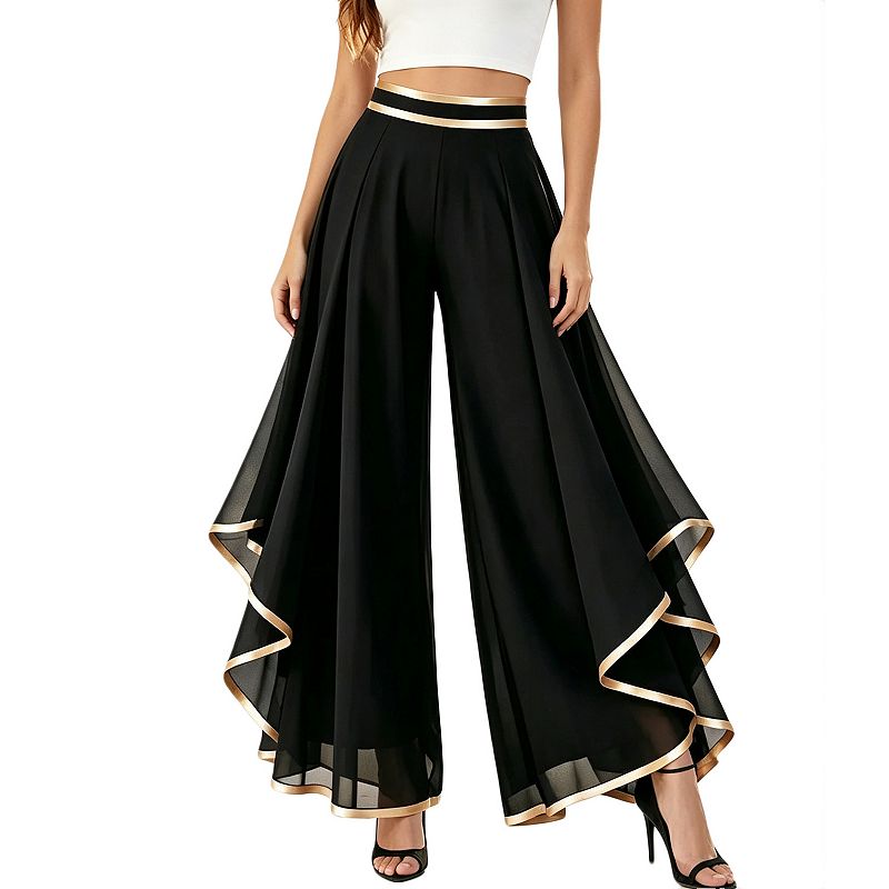 Women Elastic High Waist Chiffon Wide Leg Pants Gold Trim Flowy