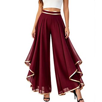 Women Elastic High Waist Chiffon Wide Leg Pants Gold Trim Flowy Dance Trousers