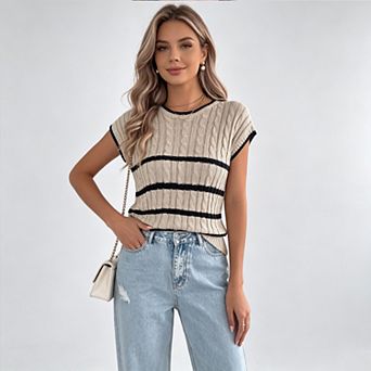 Women Striped Cap Sleeve Knit Blouse Shirts Loose Pullover Sweater Tops Comfy Blouses Trendy t Shirt