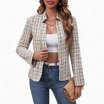 Women Tweed Blazer Open Front Stand Collar Long Sleeve Casual Office Jacket Coat