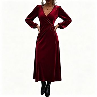 Women's Velvet V-Neck Long Sleeve High-Waist Midi Party Dress