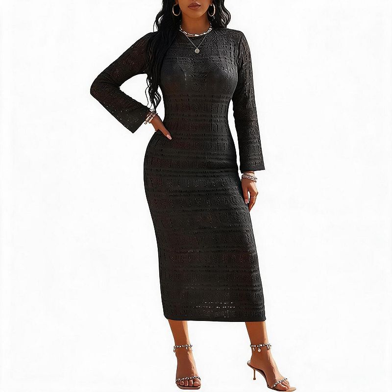 Women Crochet Knit Swim Cover‑Up Midi Dress Long Sleeve Bodycon Beach Coverup Dress