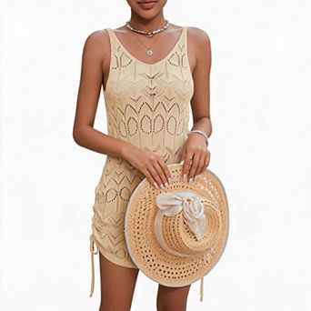 Women Crochet Swim Cover‑Up Dress Sleeveless Drawstring Side Beach Mini Dress