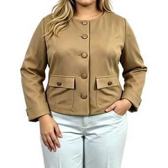 Women's Plus Size Round Neck Cropped Blazer Jacket 3/4 Rolled Sleeve Button Down Outerwear