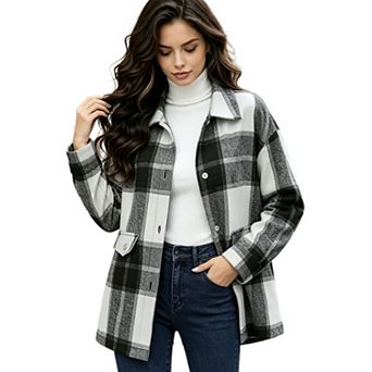 Women's Oversized Plaid Shacket Jacket Lapel Long Sleeve Button Down Casual Flannel Shirt Coat