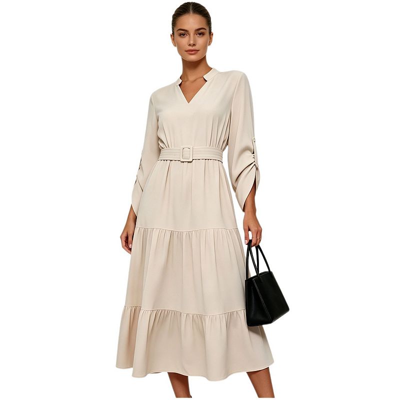 Women's Notch V Neck Tiered Midi Dress Roll Tab Sleeve Casual Elegant Flowy Maxi Dress With