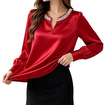 Women's Pearl V Neck Long Sleeve Blouse Elegant Silk Satin Casual Work Daily Tops
