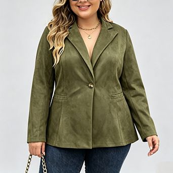 Women's Plus Size Suede Simple Classic Blazer Lapel Collar Casual Suit Jacket Coats with Pockets
