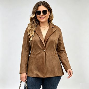 Women's Plus Size Suede Simple Classic Blazer Lapel Collar Casual Suit Jacket Coats with Pockets