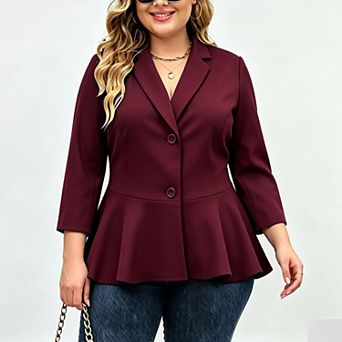 Women's Plus Size Ruffled Hem Notched Collar Three Quarter Sleeves Blazer