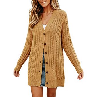 Women Long Cable Knit Cardigan Button Down Loose Sweater Coat