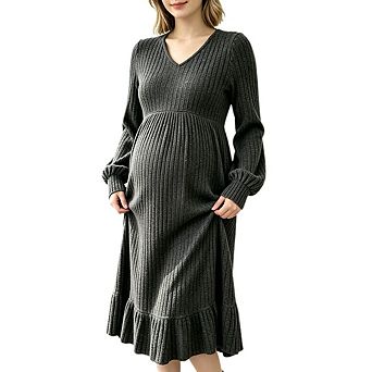 Women Maternity V Neck Puff Long Sleeve Ribbed Knit Ruffle Hem Midi Casual Dress