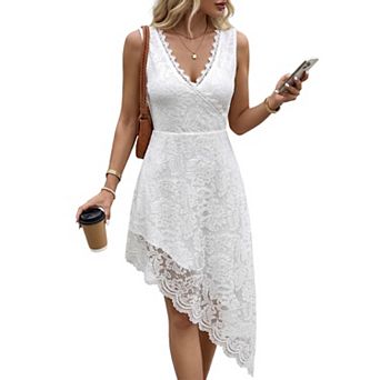 Women's Deep v Neck Sleeveless Lace Scalloped Edge High-Low Elegant Irregular Hem Dress