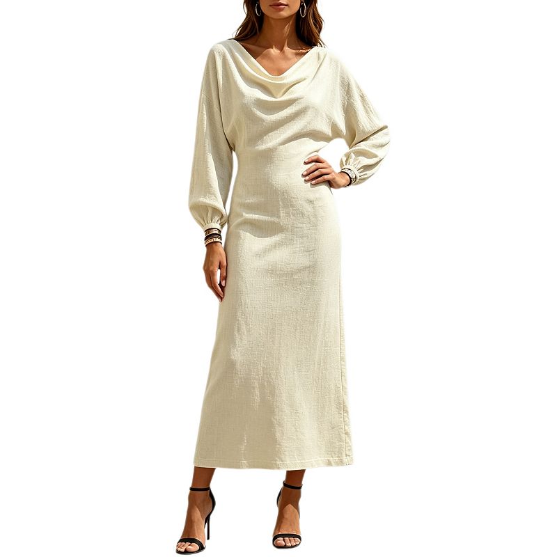 Womens Long Puff Sleeve Cowl Neck Bodycon Midi Dress Casual High Waist Business Work Pencil Dress
