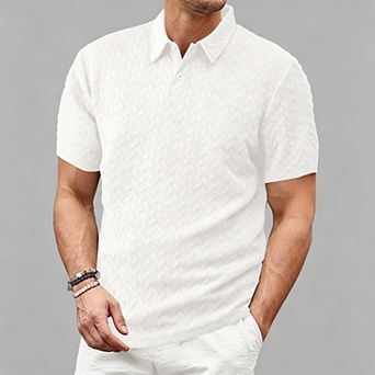 Men's Herringbone Jacquard Polo Shirt, Regular Fit Short Sleeve Textured Knit Polo