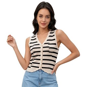 Women's Casual Slim Fit Sleeveless V Neck Button Front Striped Knit Top
