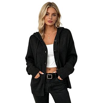 Women's Casual V Neck Button Front Hooded Knit Cardigan Long Sleeve Hooded Top
